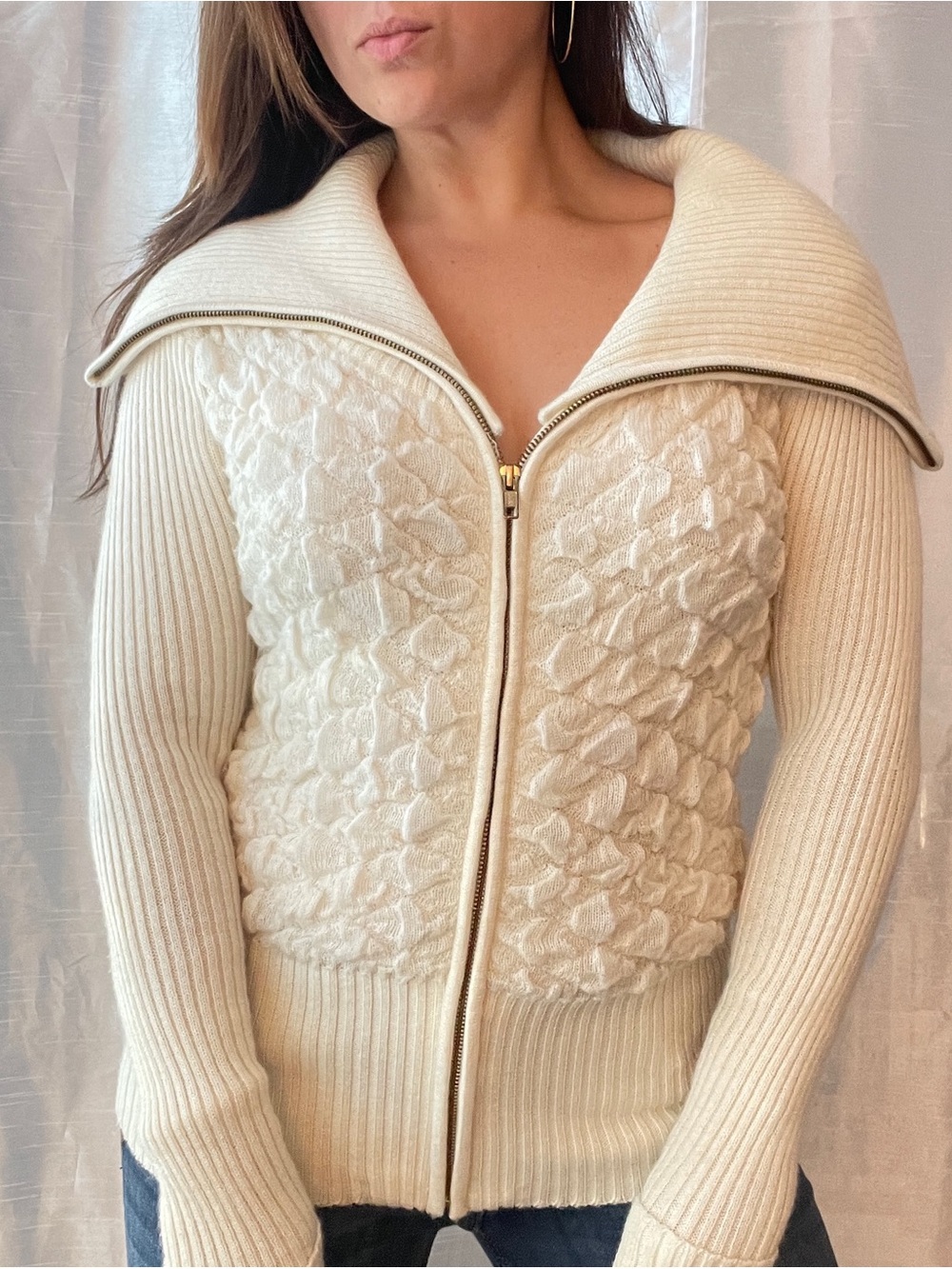 Cache Zip Off The Shoulder Sweater Womens XS Cream Textured Knit Glam 00s Y2K